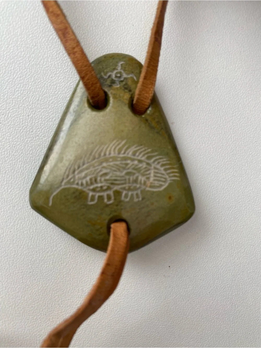 Olive Green Stone Pendant Leather Lariat Necklace Bolo with  Etching - unisex